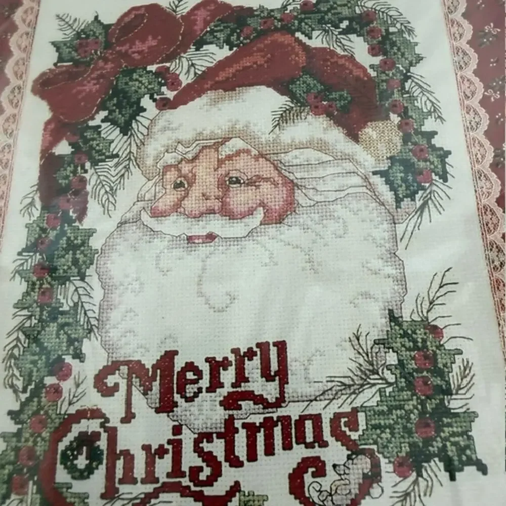 Vintage Bucilla Christmas Santa's Portrait Counted Cross Stitch Wall Hanging